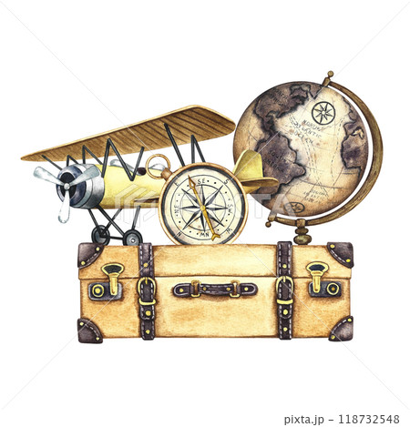 An aerial vintage trip. Vintage retro airplane, compass, suitcase and globe. The illustration is made by hand in watercolor. For postcards, banners, stickers and prints. An aerial vintage trip. Vintage retro airplane, compass, suitcase and globe. The illustration is made by hand in watercolor. For postcards, banners, stickers and prints. 118732548