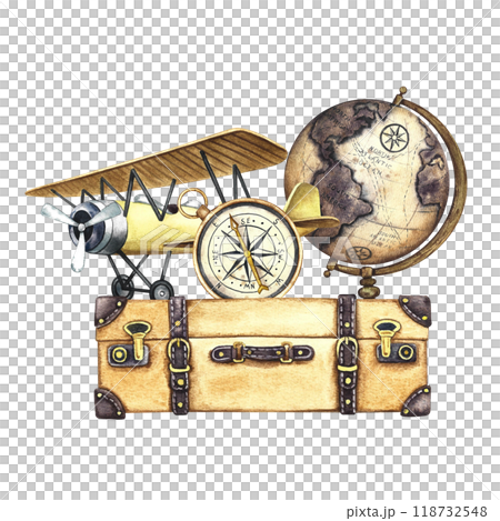 An aerial vintage trip. Vintage retro airplane, compass, suitcase and globe. The illustration is made by hand in watercolor. For postcards, banners, stickers and prints. An aerial vintage trip. Vintage retro airplane, compass, suitcase and globe. The illustration is made by hand in watercolor. For postcards, banners, stickers and prints. 118732548