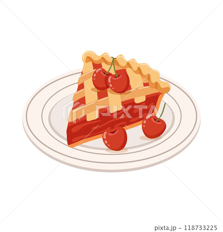 Piece of baked cherry pie on a plate with cherries. Food, dessert, sweet. Flat illustration 118733225
