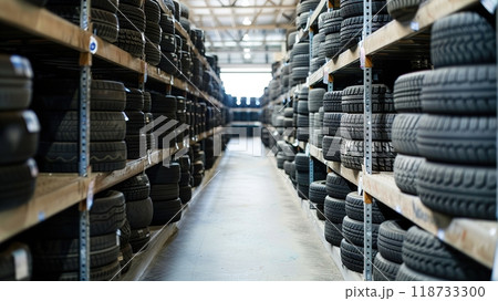 In a large warehouse, the tires are neatly stacked on top of one another 118733300