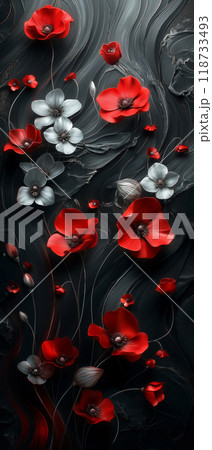 Volumetric red and white flowers and buds on a black background. Volumetric red and white flowers and buds on a black background. 118733493