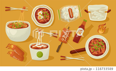 Tteokbokki. Traditional asian street food. Korean stir-fried rice cakes. Spiced with hot chili paste. Tteokbokki dishes. Flat vector illustration 118733589