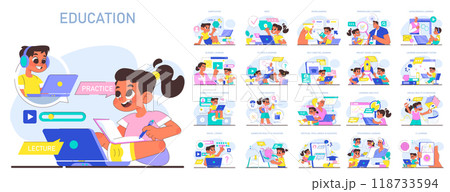 Modern education methodics set. Online educational ecosystem and digital technologies. Multidisciplinary and lifelong knowledge gaining for children potential development. Flat vector illustration 118733594