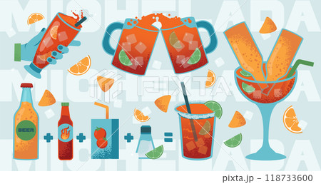 Michelagua or michelada set. Mexican drink made of beer, lime juice, chili sauce and spices. Glass of fresh alcoholic beverage or cocktail with lime and orange slices. Flat vector illustration 118733600