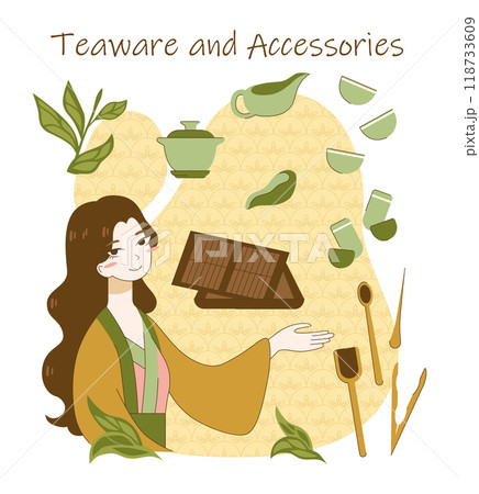 Tea ceremony rules and process. Japanese or chinese female character preparing green tea with teaware and ceremony accessories, small cup and spoon. Traditional asian culture. Flat vector illustration 118733609