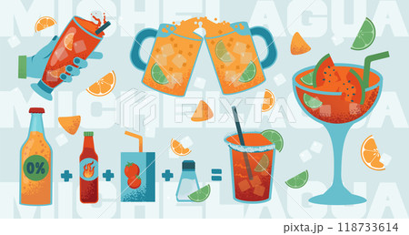 Michelagua or michelada set. Mexican drink made of beer, lime juice, chili sauce and spices. Glass of fresh nonalcoholic beverage or mocktail with lime and orange slices. Flat vector illustration 118733614