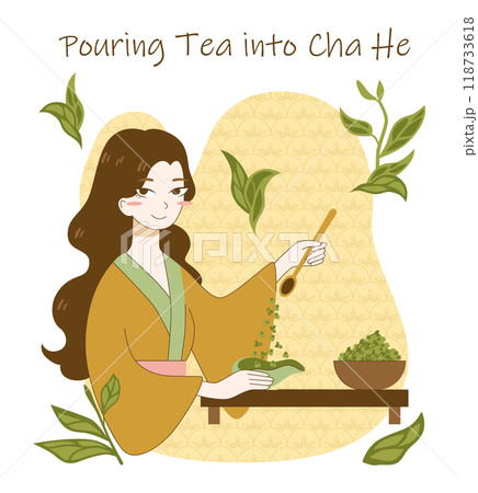 Tea ceremony rules and process. Japanese or chinese female character in kimono preparing and drinking green tea. Traditional asian culture. Flat vector illustration Tea ceremony rules and process. Japanese or chinese female character in kimono preparing and drinking green tea. Traditional asian culture. Flat vector illustration 118733618
