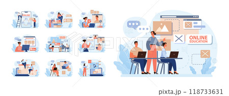 Online education set. Character study remotely using internet, online services, application or website. Idea of e-learning and gaining knowledge by modern online courses. Flat vector illustration Online education set. Character study remotely using internet, online services, application or website. Idea of e-learning and gaining knowledge by modern online courses. Flat vector illustration 118733631