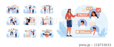 Company credibility set. Brand reputation based on customer loyalty and trust. Corporate public relations strategy. Security of data. Flat vector illustration 118733633