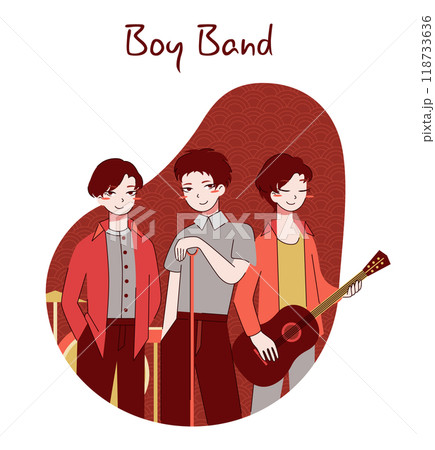 Chinese boy band. Asian pop group of singers, performimg on stage together. Popular musicians world tour. Flat vector illustration Chinese boy band. Asian pop group of singers, performimg on stage together. Popular musicians world tour. Flat vector illustration 118733636
