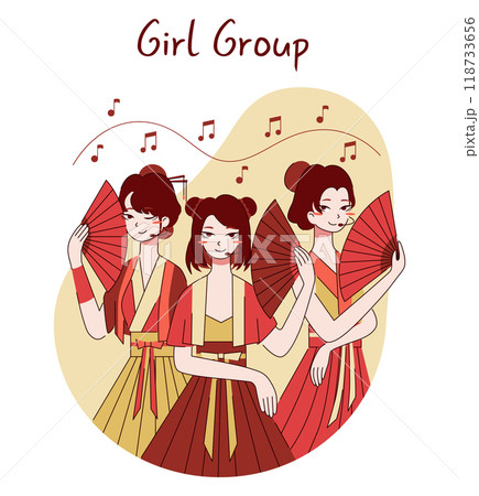 Chinese pop music. Musicians playing instrument and singing with a microphone. Taiwan, cantonese and mandarin music. Girl and boy band. Flat vector illustration Chinese pop music. Musicians playing instrument and singing with a microphone. Taiwan, cantonese and mandarin music. Girl and boy band. Flat vector illustration 118733656