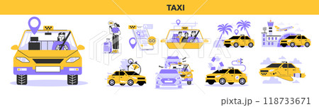 Taxi service set. Online taxi order in mobile application. Yellow taxi car or transfer. Idea of public city transportation. Flat vector illustration 118733671