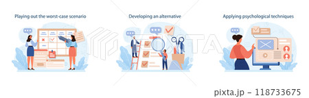 How to conduct difficult negotiation set. Business characters with opposite opinions coming up with mutual decision. Making a compromise in a difficult argument. Flat vector illustration 118733675