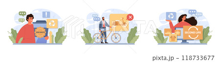 Conscious consumption set. Character with eco-friendly life-style. Sustainable practice in the daily life. Zero waste and recycling. Flat vector illustration Conscious consumption set. Character with eco-friendly life-style. Sustainable practice in the daily life. Zero waste and recycling. Flat vector illustration 118733677