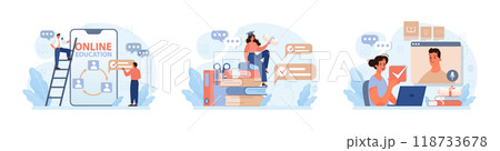 Online education set. Character study remotely using internet, online services, application or website. Idea of e-learning and gaining knowledge by modern online courses. Flat vector illustration 118733678