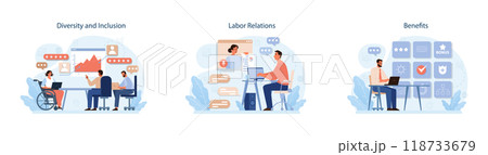 Human resources manager. HR agent competencies and professional tasks. Personnel management specialist providing with financial reward or benefits. Flat vector illustration 118733679