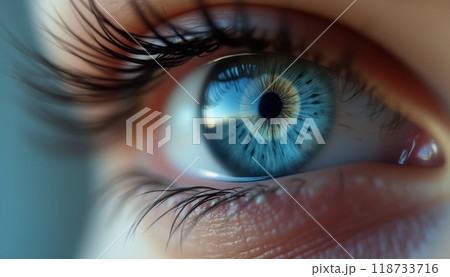A detailed close-up of a blue eye with long eyelashes, showing the intricate iris pattern. The image is sharp and focuses on the eye's beauty. A detailed close-up of a blue eye with long eyelashes, showing the intricate iris pattern. The image is sharp and focuses on the eye's beauty. 118733716