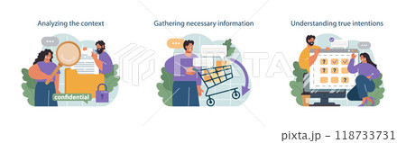 How to conduct difficult negotiation set. Business characters with opposite opinions coming up with mutual decision. Making a compromise in a difficult argument. Flat vector illustration 118733731