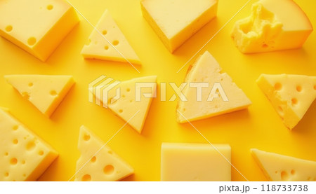 A variety of cheese pieces are arranged on a bright yellow background, showcasing different shapes and textures. The image is playful and vibrant. 118733738