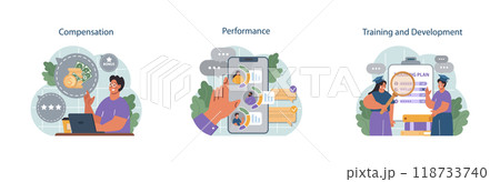 Human resources manager competencies set. Recruitment and personnel management. HR manager looking for a job candidate, maintaining employee wellbeing and performance. Flat vector illustration 118733740