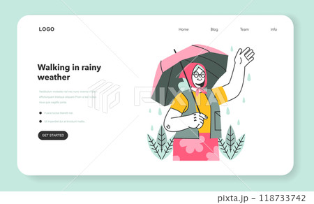 Senior character under the rain web banner or landing page. Rainy and cloudy weather in summer or spring. Old woman under umbrella walking outdoor. Flat vector illustration 118733742