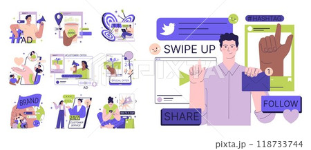 Business using social media set. Digital promotion. Website or brand advertisement and public relations. Targeting, loyalty, customer service optimization. Flat vector illustration 118733744