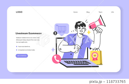 Livestream e-commerce web banner or landing page. Blogger live selling products on social media. Online video store or infomercial. Brand or product advertising. Flat vector illustration 118733765