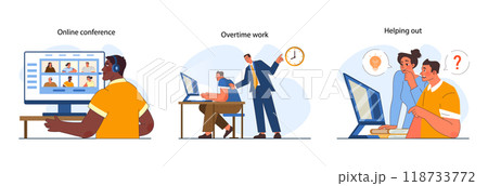 Office interactions set. Team communication scenes. Work process cooperation and casual talk of employees at workplace. Jobflow and corporate relations in modern company. Flat vector illustration Office interactions set. Team communication scenes. Work process cooperation and casual talk of employees at workplace. Jobflow and corporate relations in modern company. Flat vector illustration 118733772