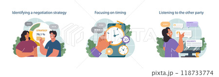 How to conduct difficult negotiation set. Business characters with opposite opinions coming up with mutual decision. Making a compromise in a difficult argument. Flat vector illustration 118733774