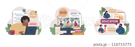 Online education set. Character study remotely using internet, online services, application or website. Idea of e-learning and gaining knowledge by modern online courses. Flat vector illustration 118733775