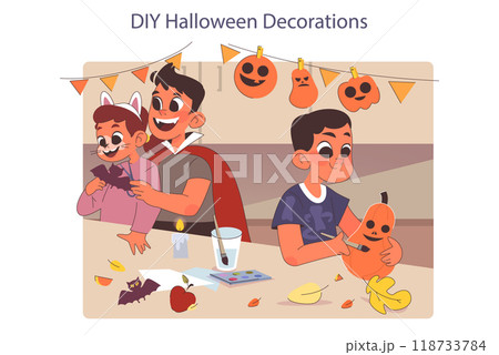 Halloween celebrating. Happy children wearing costumes. Friends on a trick or treat party. Carnival decorations and pumpkin curving. Scary night traditions. Flat vector illustration 118733784
