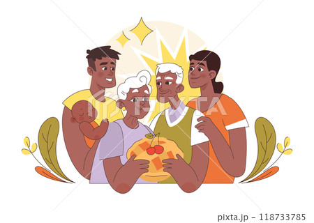 International grandparents day. Elderly people with grandchildren. Grandmother and grandfather celebrating a holiday on July 23th. Flat vector illustration International grandparents day. Elderly people with grandchildren. Grandmother and grandfather celebrating a holiday on July 23th. Flat vector illustration 118733785