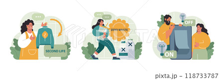 Conscious consumption set. Character with eco-friendly life-style. Sustainable practice in the daily life. Zero waste and recycling. Flat vector illustration 118733787