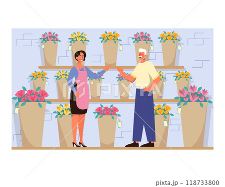 Flowershop interior. Florist selling bouquets. Woman at the refrigeration showcase of floral shop. Small business store with fresh flowers in vases and pots. Flat vector illustration Flowershop interior. Florist selling bouquets. Woman at the refrigeration showcase of floral shop. Small business store with fresh flowers in vases and pots. Flat vector illustration 118733800