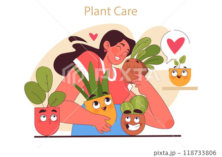 House plant care tips. Character enjoy gardening taking care of potted house plants. Modern agricultural hobby, urban farming advice. Flat vector illustration 118733806