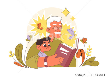 International grandparents day. Elderly man reading a book with a grandson. Retired old man reading a fairytale. Grandfather celebrating a holiday on July 23th. Flat vector illustration International grandparents day. Elderly man reading a book with a grandson. Retired old man reading a fairytale. Grandfather celebrating a holiday on July 23th. Flat vector illustration 118733811