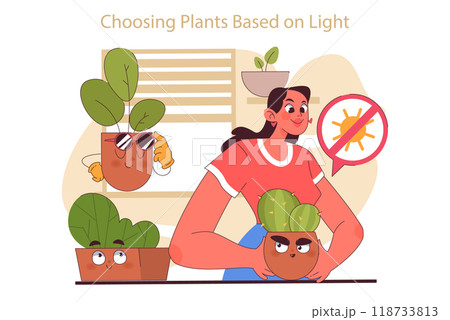 House plant location based on light. Woman enjoy gardening taking care of potted house plants. Modern agricultural hobby, urban farming advice. Flat vector illustration 118733813