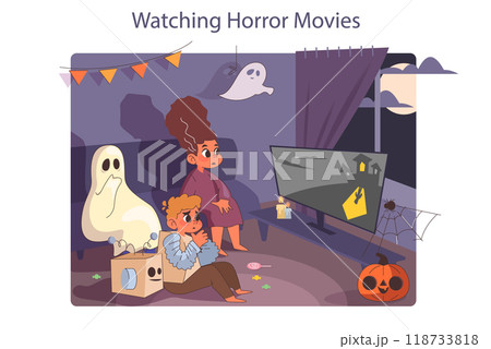 Halloween celebrating. Happy children wearing costume on a trick or treat party. Group of friends watching horror films at home. Scary night tradition. Flat vector illustration 118733818