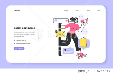 Social media commerce web banner or landing page. E-commerce platform. Brand advertisement and selling with social network account. Targeted audience communication. Flat vector illustration 118733835