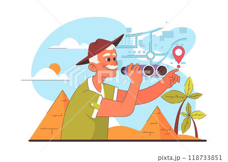 Healthy and active lifestyle. Old man traveling. Happy grandfather watching Egypt pyramids. Retired man on his summer vacation. Flat vector illustration Healthy and active lifestyle. Old man traveling. Happy grandfather watching Egypt pyramids. Retired man on his summer vacation. Flat vector illustration 118733851