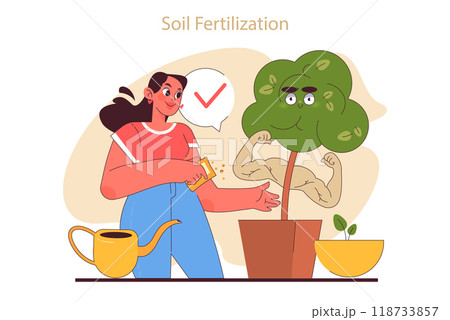 House plant care tips. Character enjoy gardening taking care of potted house plants. Soil fertilization, urban farming advice. Flat vector illustration House plant care tips. Character enjoy gardening taking care of potted house plants. Soil fertilization, urban farming advice. Flat vector illustration 118733857