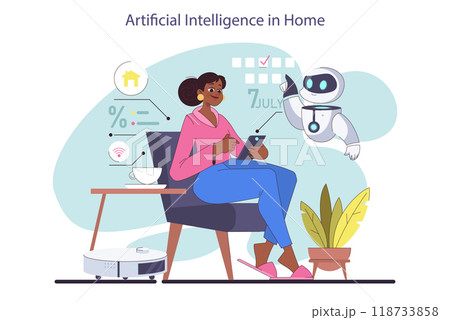 Artificial intelligence technologies. Smart house system, iot appliances, security equipment and virtual assistance. Internet of things application. Flat vector illustration Artificial intelligence technologies. Smart house system, iot appliances, security equipment and virtual assistance. Internet of things application. Flat vector illustration 118733858