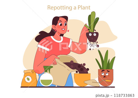 House plant care tips. Woman enjoy gardening taking care and repotting potted house plants. Modern agricultural hobby, urban farming advice. Flat vector illustration 118733863
