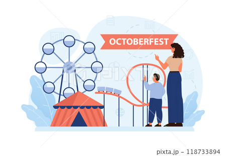 Oktoberfest festival. Cheerful Bavarian people or tourists. Family holiday on a fete or fair. Mom and son at amusement park. Traditional annual carnival in Germany. Flat vector illustration 118733894