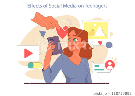 Aspects and effects of social media on teens. Psychological effects of social networks on teenagers and young people. Positive and negative impact. Flat vector illustration 118733895