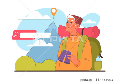 Healthy and active lifestyle. Elder character hiking. Mountain travel with trekking equipment. Senior backpacker exploring nature. Flat vector illustration Healthy and active lifestyle. Elder character hiking. Mountain travel with trekking equipment. Senior backpacker exploring nature. Flat vector illustration 118733903