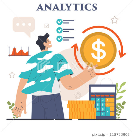 Business analytics. Data examination and strategy development. Financial operation optimization, market research and statistics processing. Flat vector illustration Business analytics. Data examination and strategy development. Financial operation optimization, market research and statistics processing. Flat vector illustration 118733905