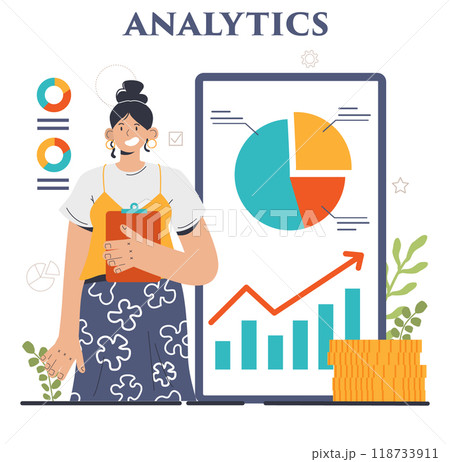 Business analytics. Data examination and strategy development. Financial operation optimization, market research and statistics processing. Flat vector illustration 118733911