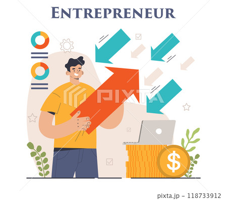 Entrepreneur. Successful business leader launching and managing a company. Idea of leadership and career achievement. Flat vector illustration Entrepreneur. Successful business leader launching and managing a company. Idea of leadership and career achievement. Flat vector illustration 118733912