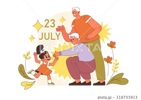 International grandparents day. Elderly people with grandchildren. Grandmother and grandfather celebrating a holiday on July 23th. Flat vector illustration International grandparents day. Elderly people with grandchildren. Grandmother and grandfather celebrating a holiday on July 23th. Flat vector illustration 118733913